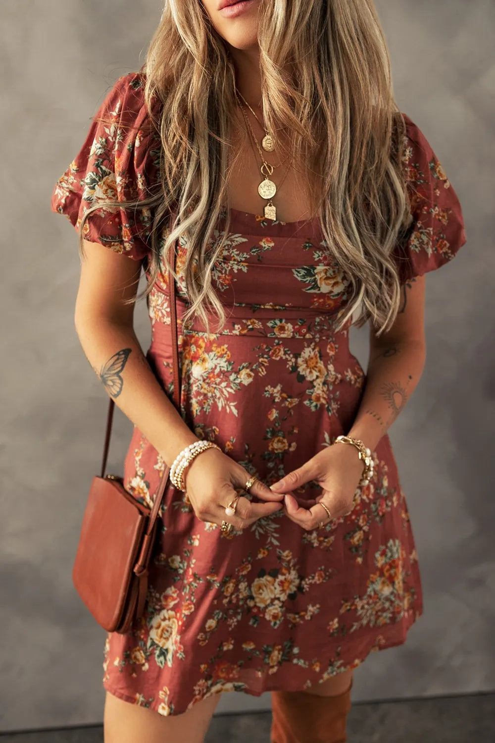 Floral Puff Sleeve Knot Open Back Mini Dress -