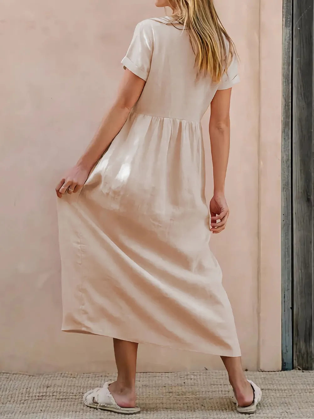 V-Neck Short Sleeve Midi Dress -