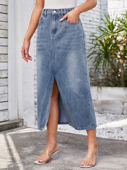 Slit Midi Denim Skirt with Pockets - Light Blue