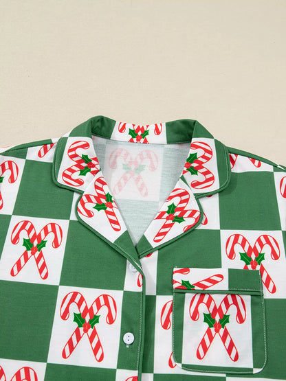 Candy Cane Checkered Pattern Pajama Set -