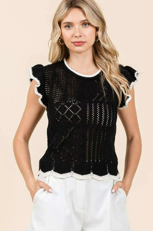Openwork Contrast Trim Ruffled Cap Sleeve Knit Top - Black