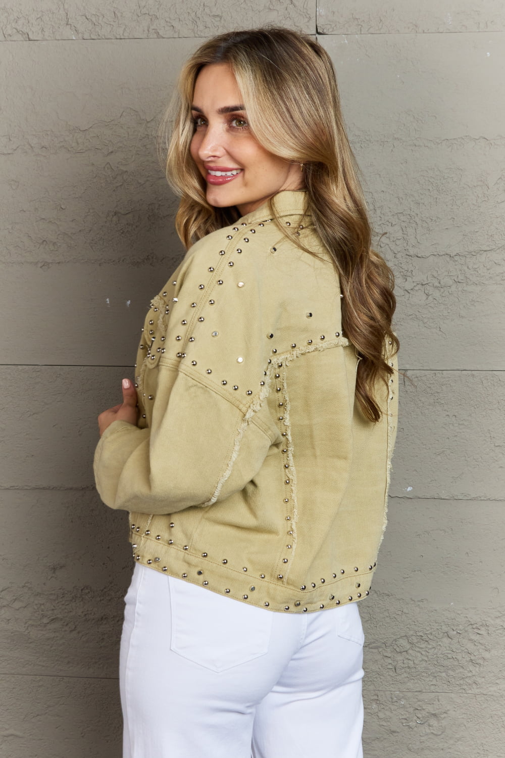 Frayed Trim Rivet Denim Jacket - Khaki