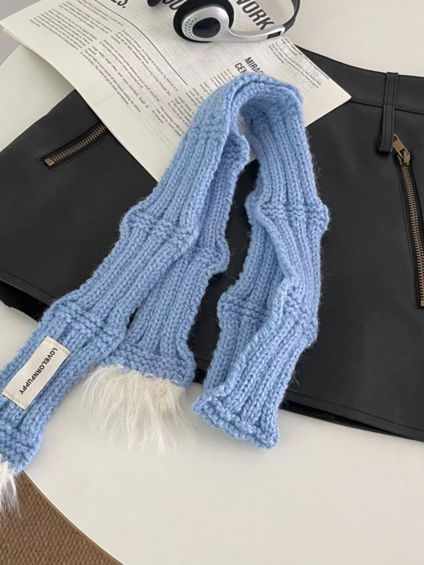 Knitted Plush Trim Scarf -