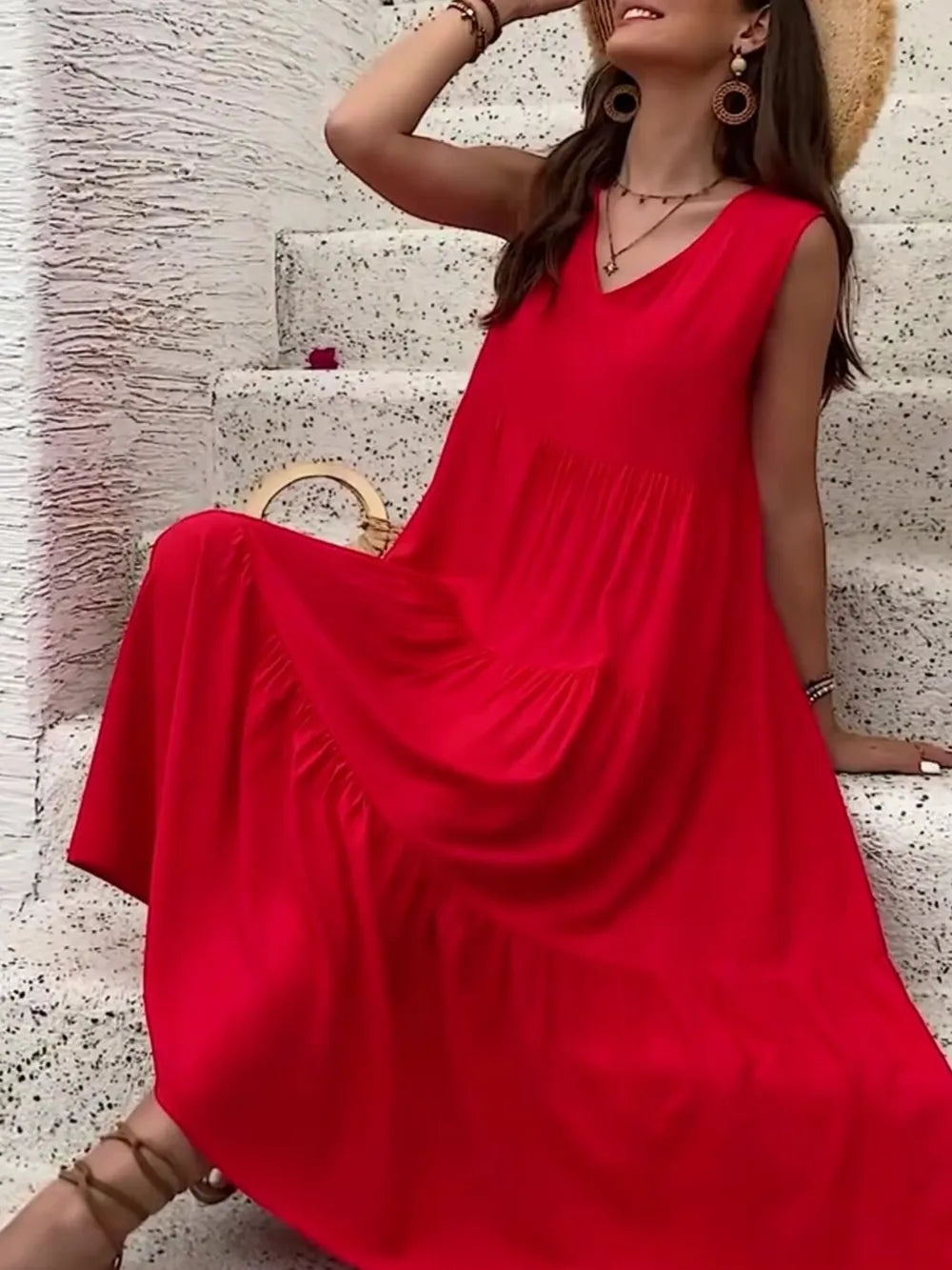 Tiered V-Neck Sleeveless Dress -