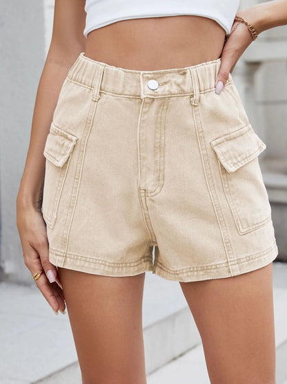 High Waist Cargo Denim Shorts -