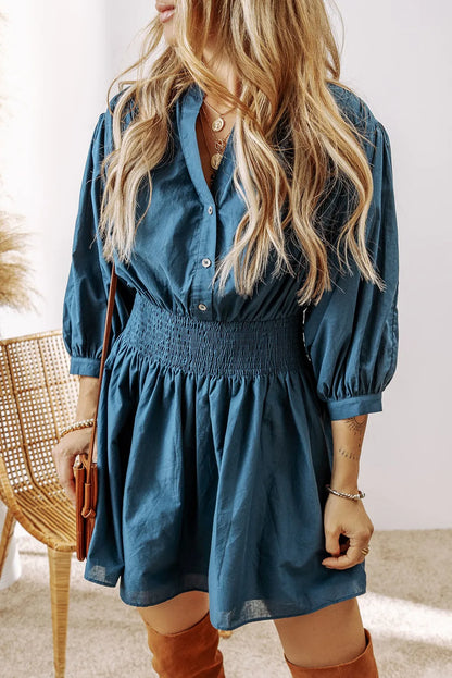 Smocked Half Three-Quarter Sleeve Button Mini Dress