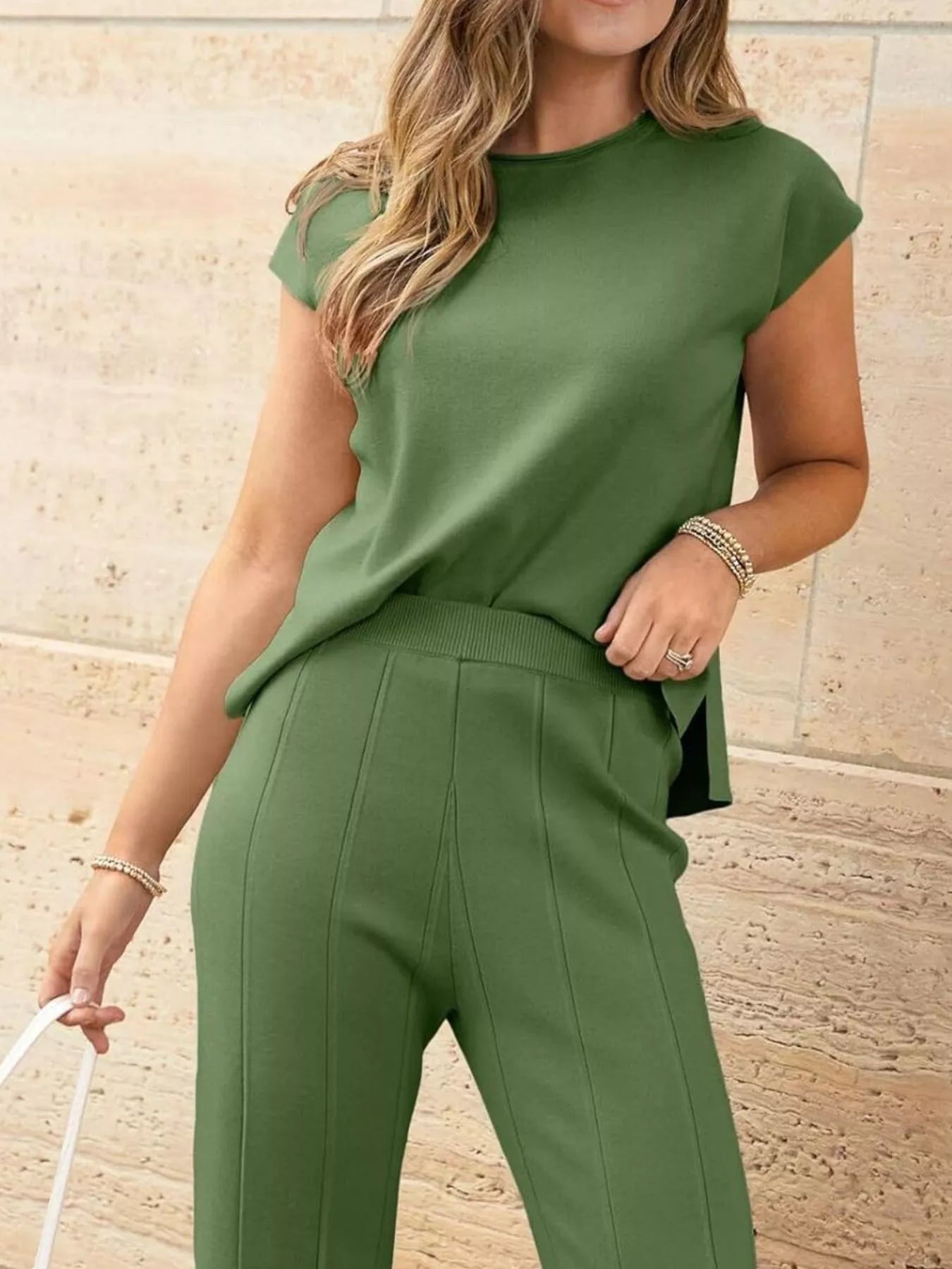 Casual Color Cap Sleeve Top and Pants Knit Set -