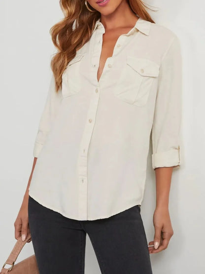 Collared Neck Roll-Tab Sleeve Denim Top - White