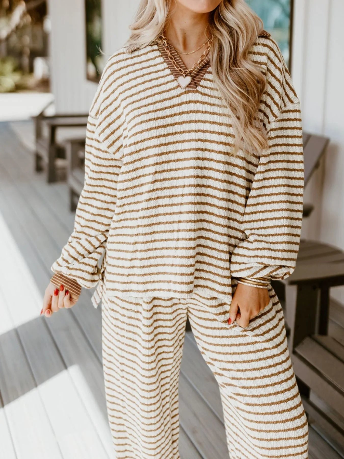 Stripe Collared Top and Drawstring Pant Set -