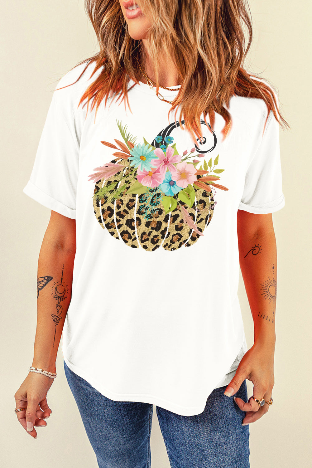 Pumpkin Graphic Round Neck Short Sleeve T-Shirt - White