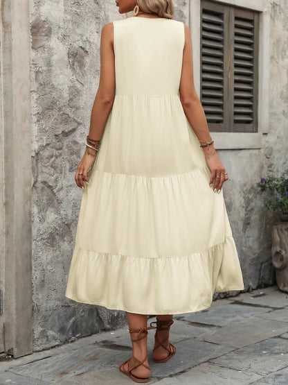 Decorative Button Notched Sleeveless Dress -