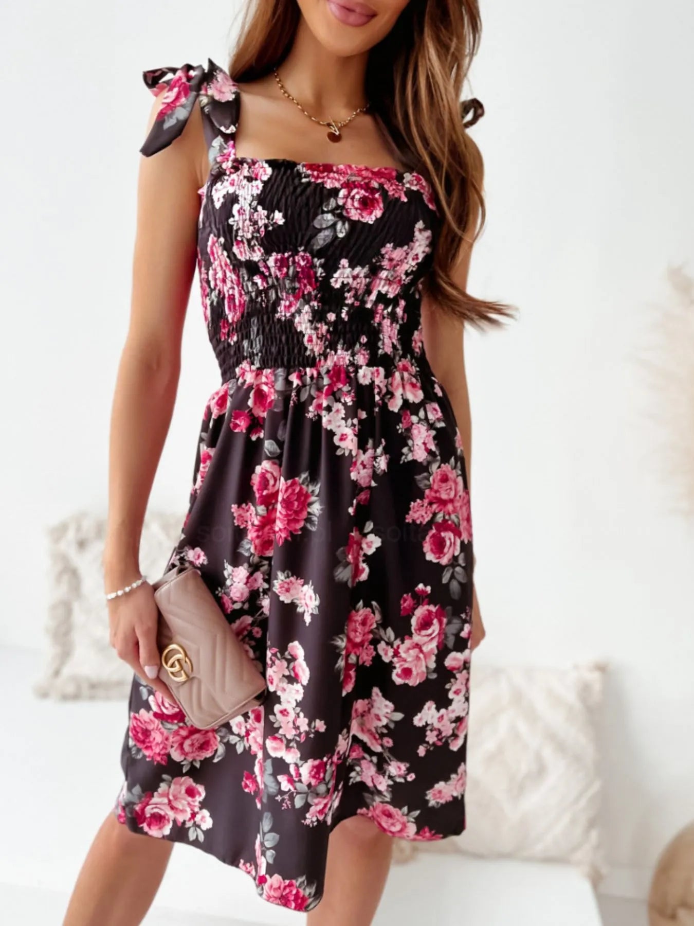 Floral Bodice Tie Shoulder Summer Dress -