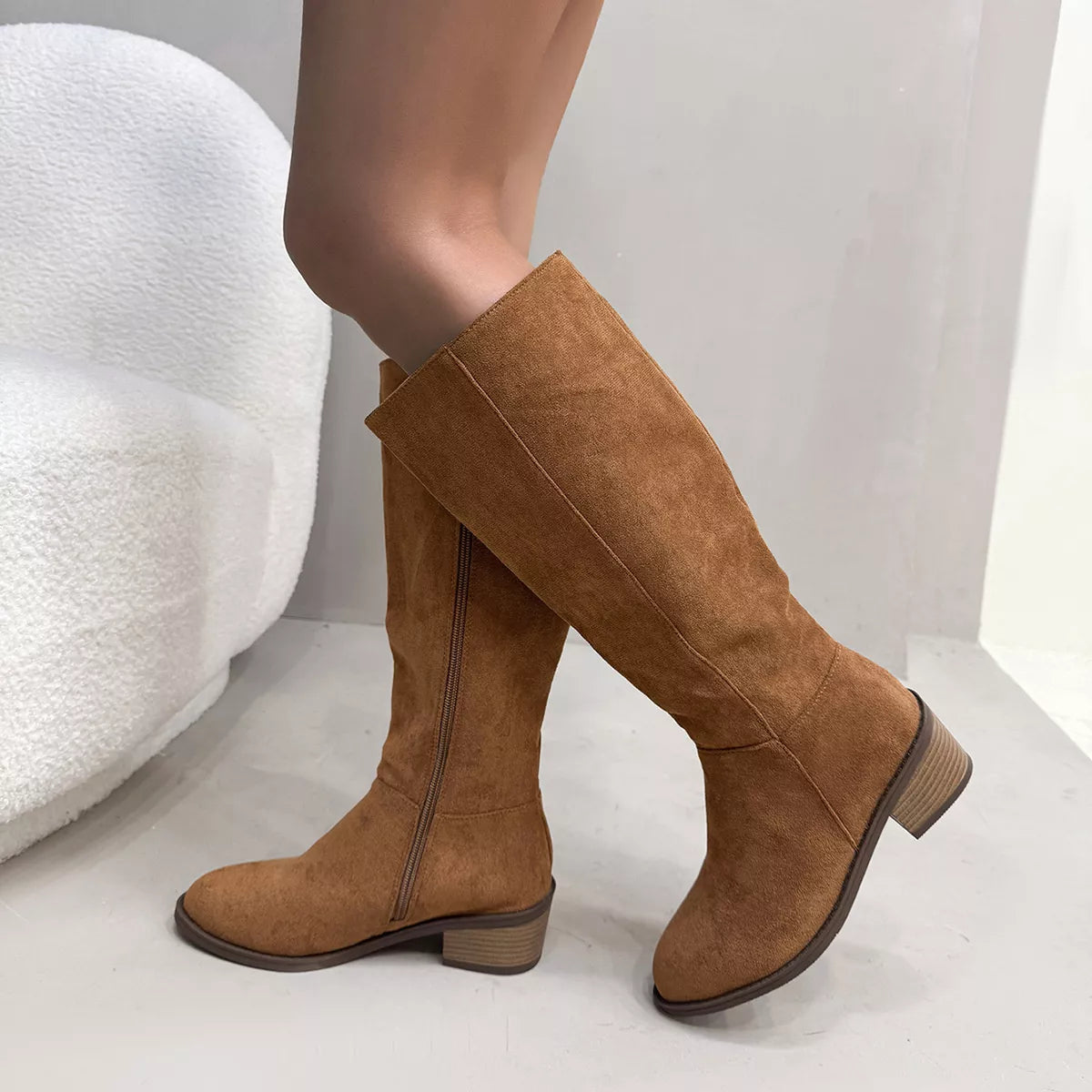 Side Zipper Closure Suede Knee-High Boots -
