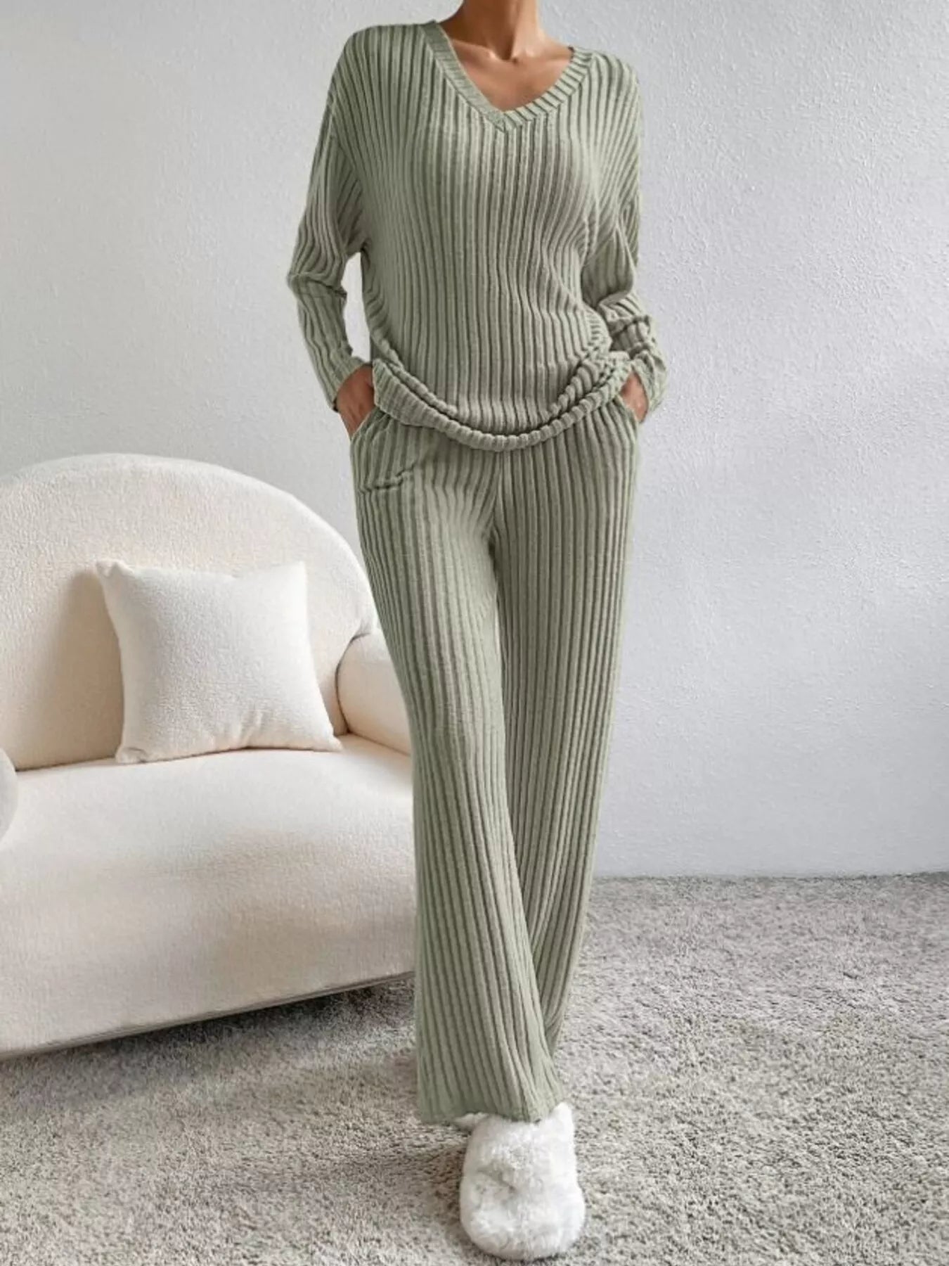 Ribbed Knit V-Neck Top and Pants Set -