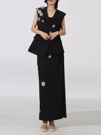 Flower Sleeveless Vest and Skirt Set - Black