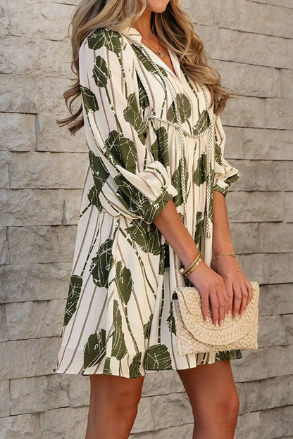 Printed Tie Neck Balloon Sleeve Dress -