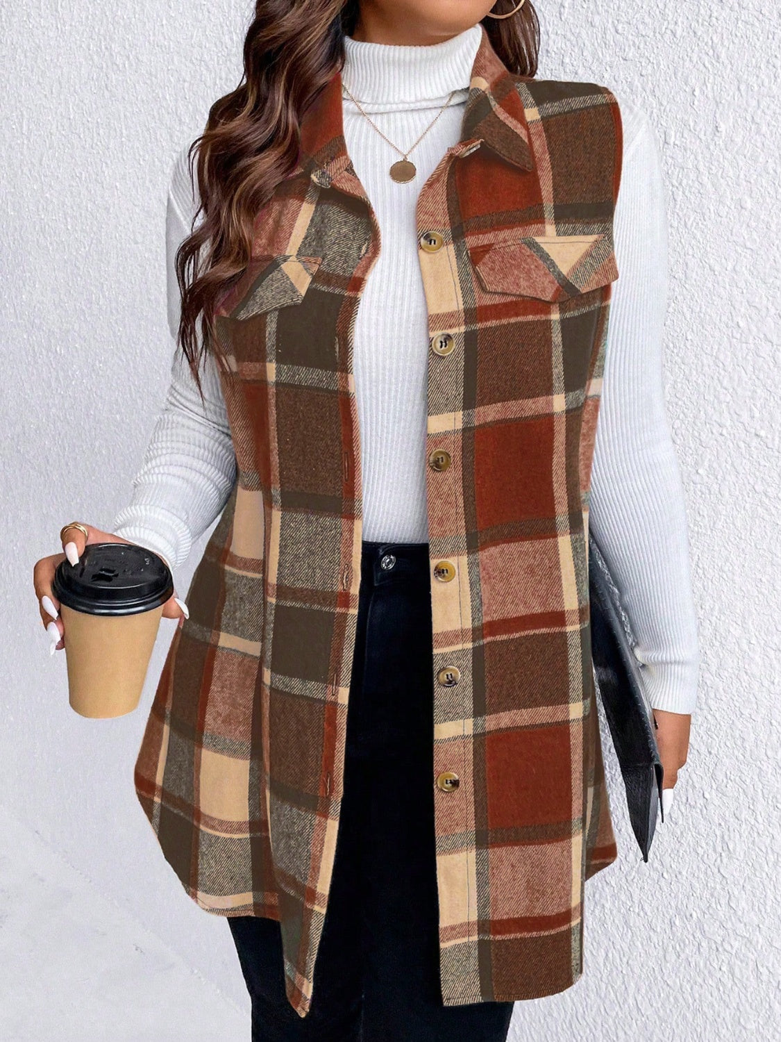 Plus Size Pocketed Plaid Button Up Vest Coat - Brown