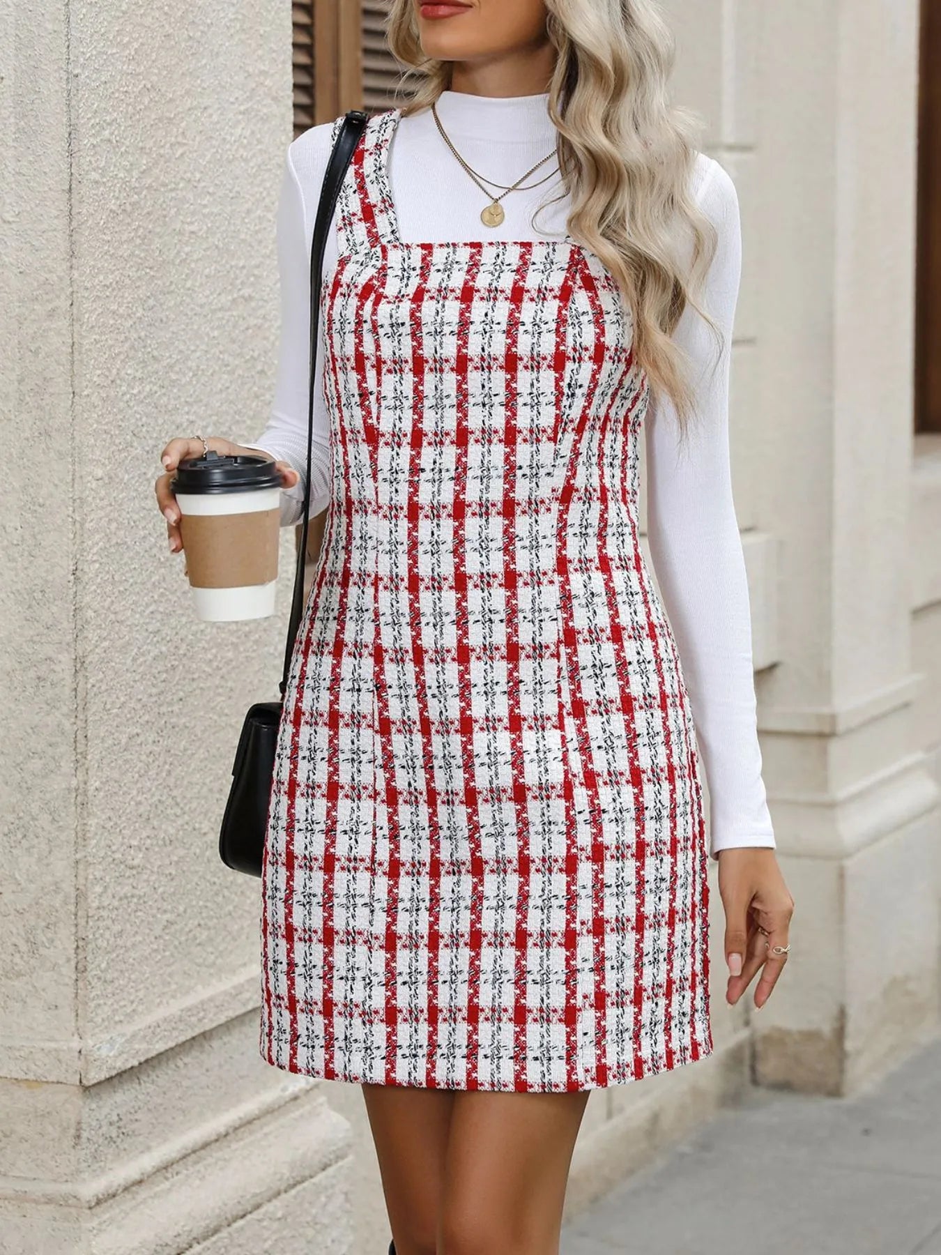 Plaid Tweed Square Neck Mini Dress -