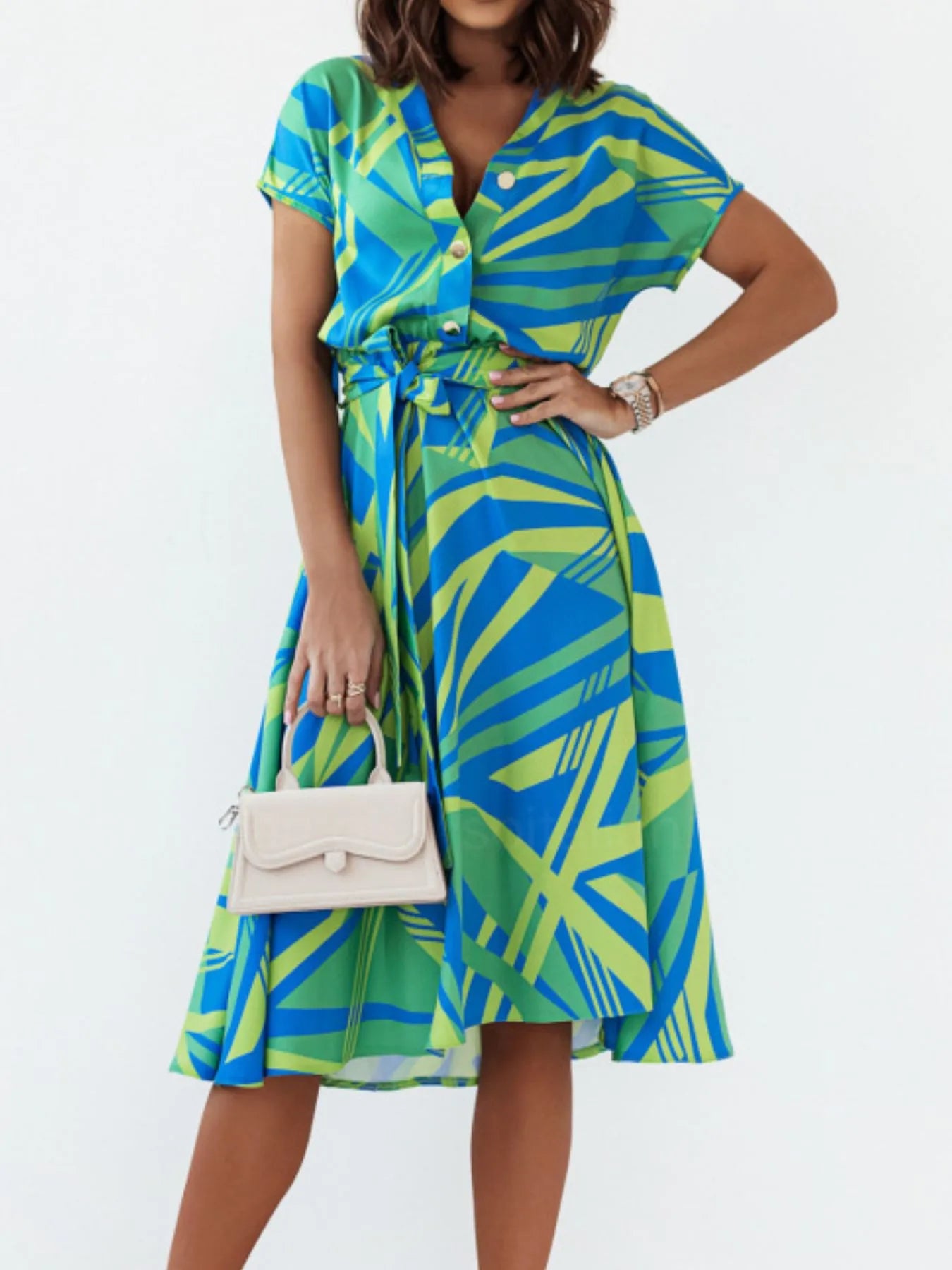 Printed Button Front Midi Dress - Blue
