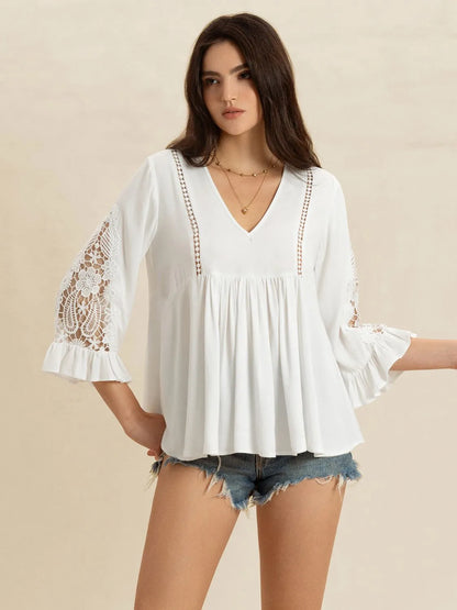 V-Neck Lace Flounce Sleeve Top - White