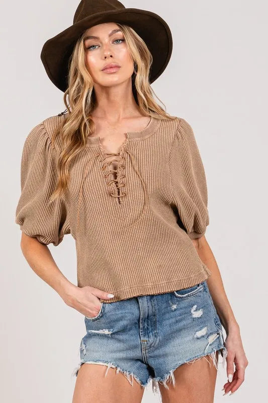 Lace-Up Waffle Knit Crop Top - Camel