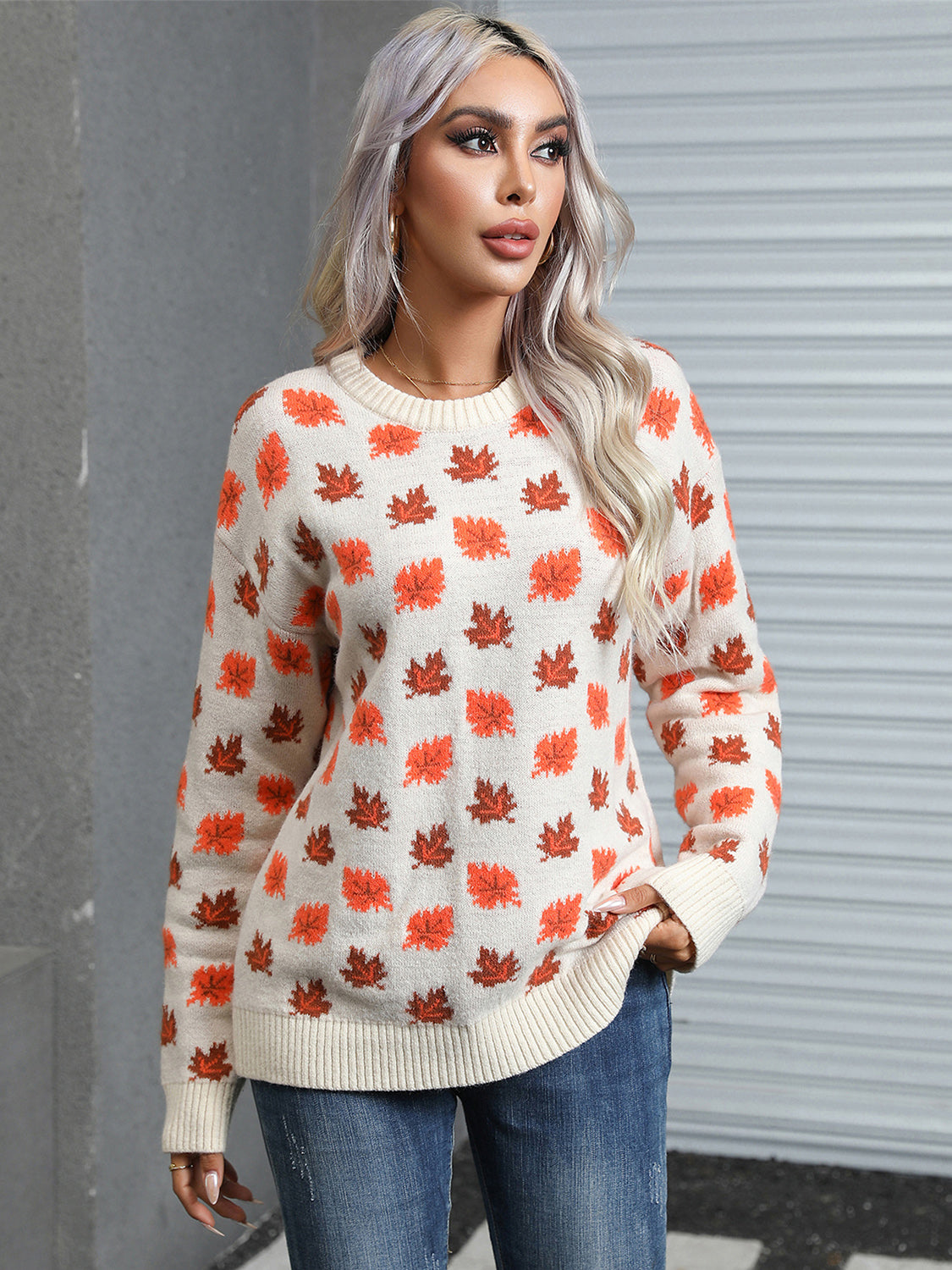 Maple Leaf Round Neck Long Sleeve Sweater