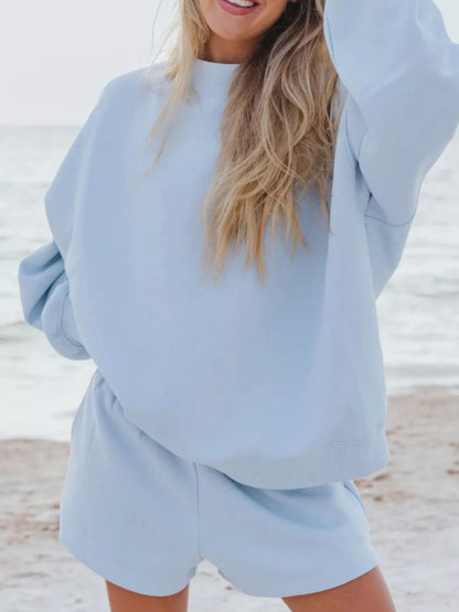 Relaxed Fit Round Neck Sweatshirt and Shorts Set - Sky Blue