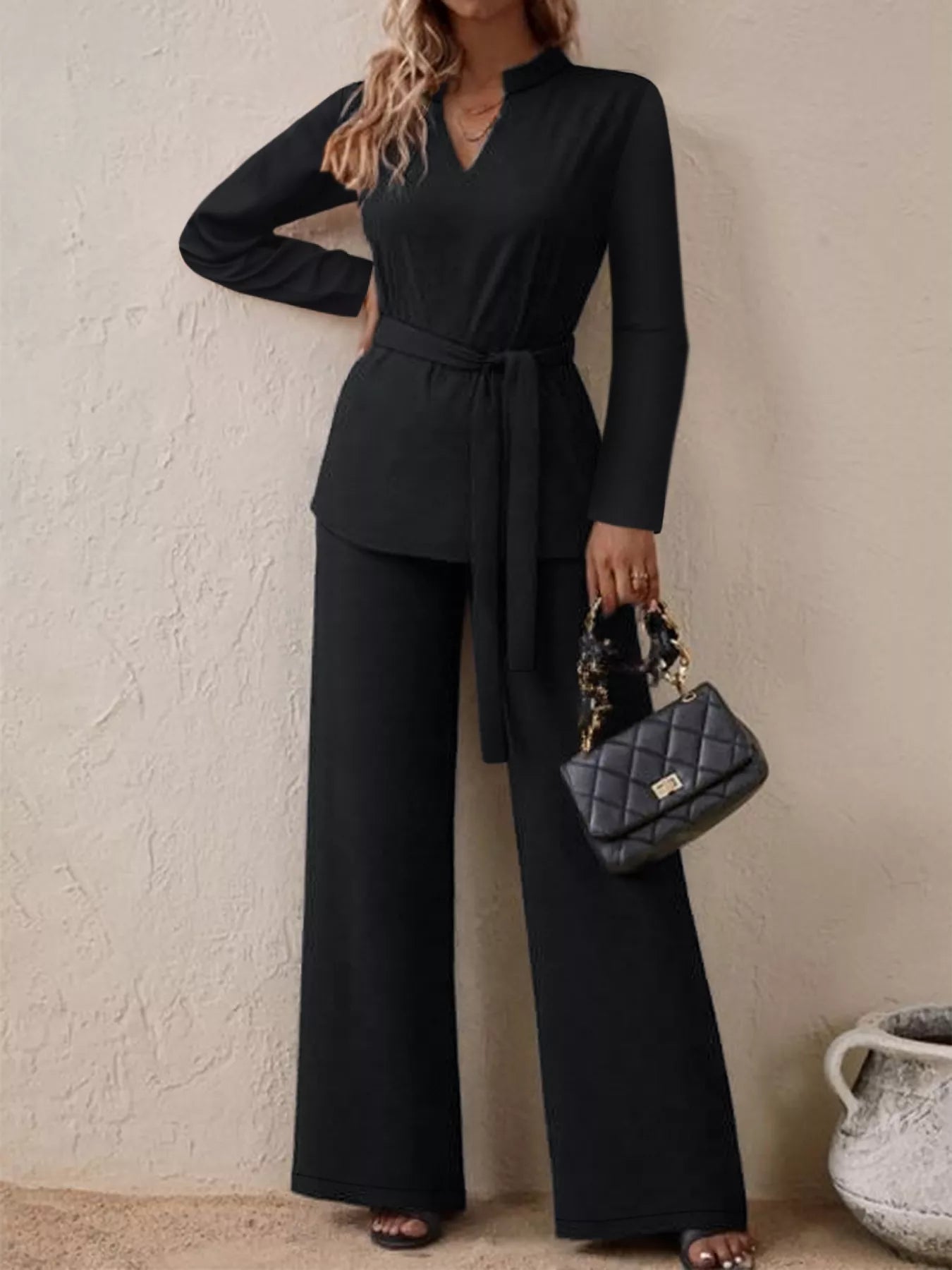 Tie-Waist Long Sleeve Top and Pants Set - Black