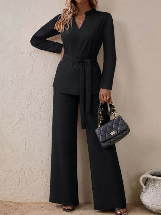 Tie-Waist Long Sleeve Top and Pants Set - Black