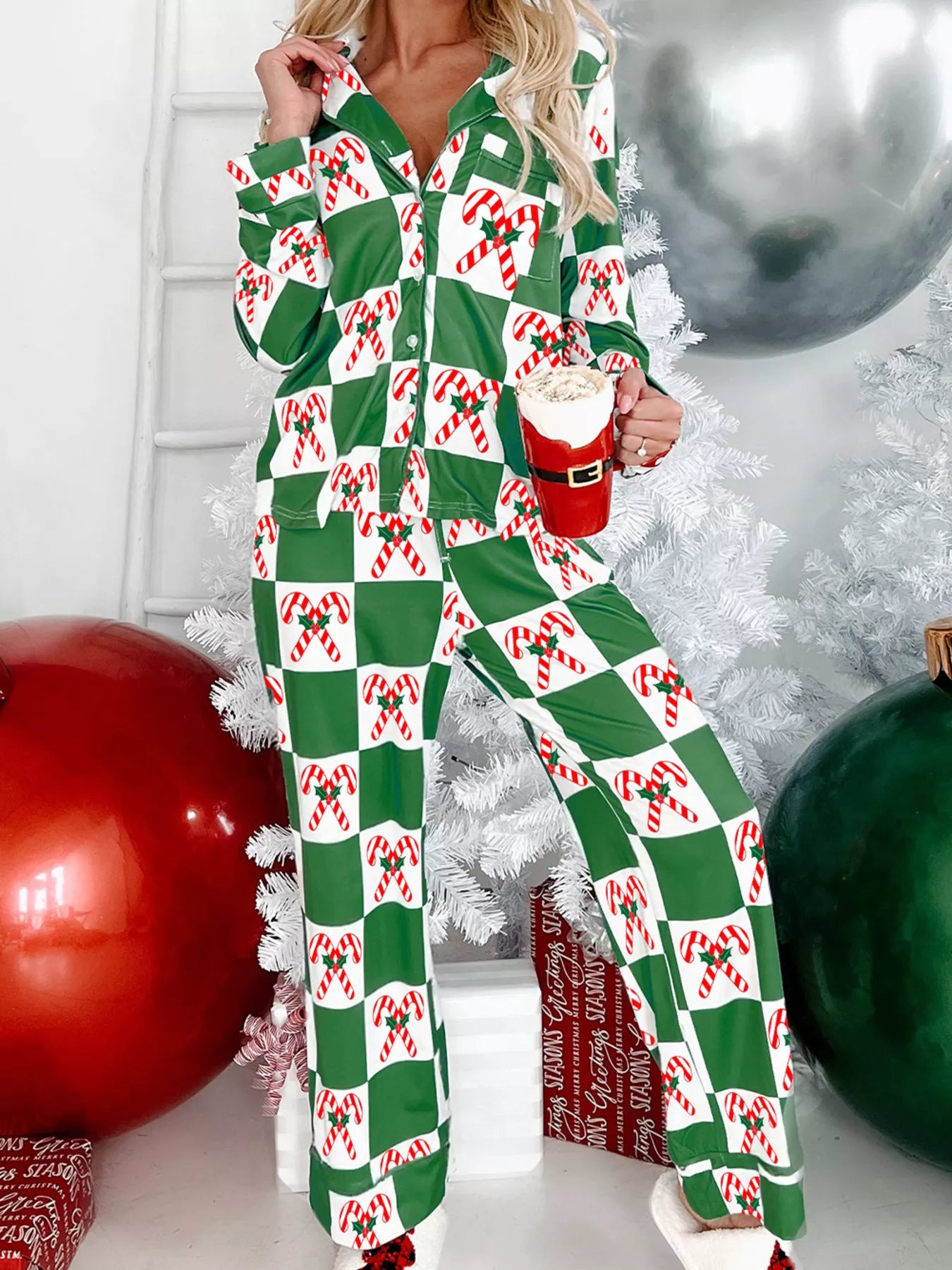 Candy Cane Checkered Pattern Pajama Set -