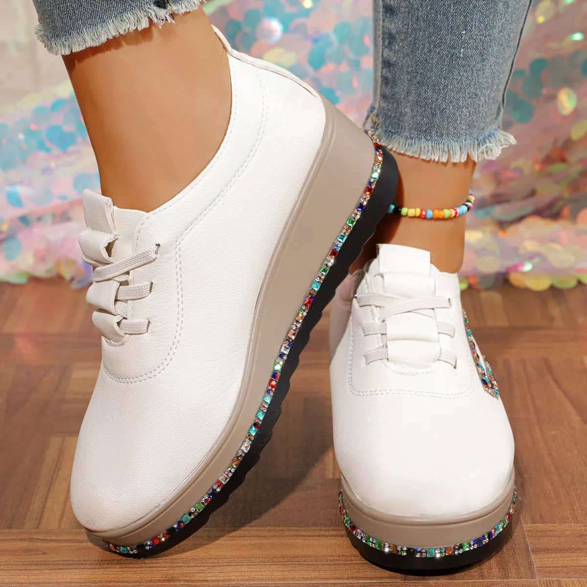Rhinestone Round Toe Wedge Sneakers -