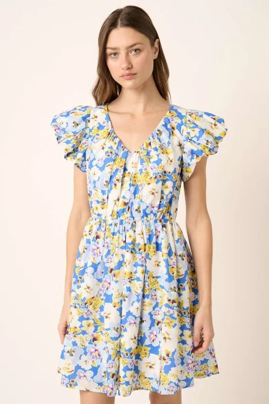 Floral V-Neck Cap Sleeve Mini Dress - Blue