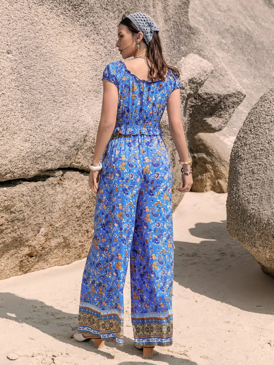 Printed V-Neck Top and Pants Set - Blue