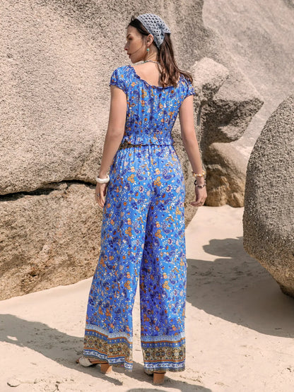 Printed V-Neck Top and Pants Set - Blue