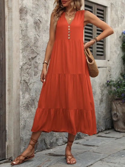 Decorative Button Notched Sleeveless Dress -