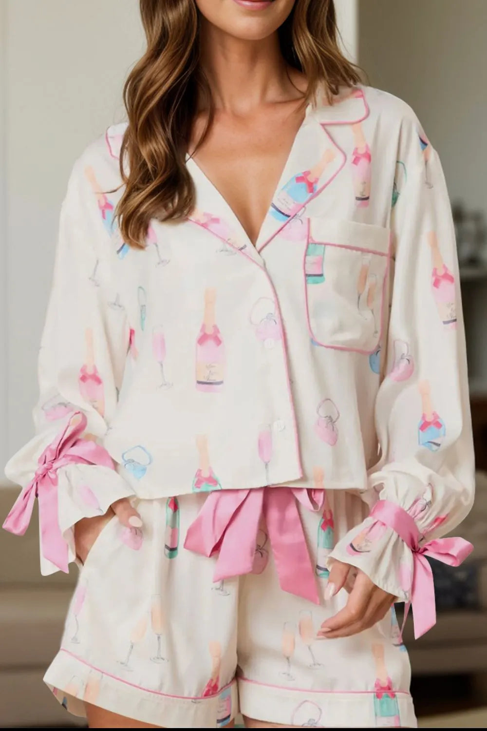 Bow Printed Collared Neck Top and Shorts Lounge Set - White