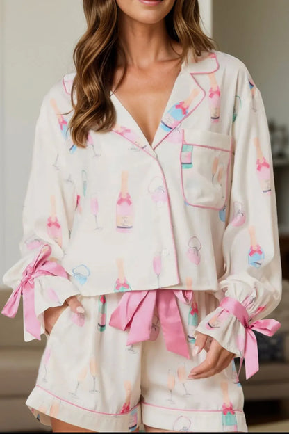 Bow Printed Collared Neck Top and Shorts Lounge Set - White