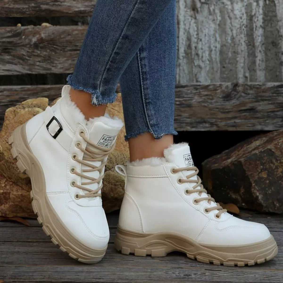 Warm Lined Ankle Boots with Buckle Detail - White