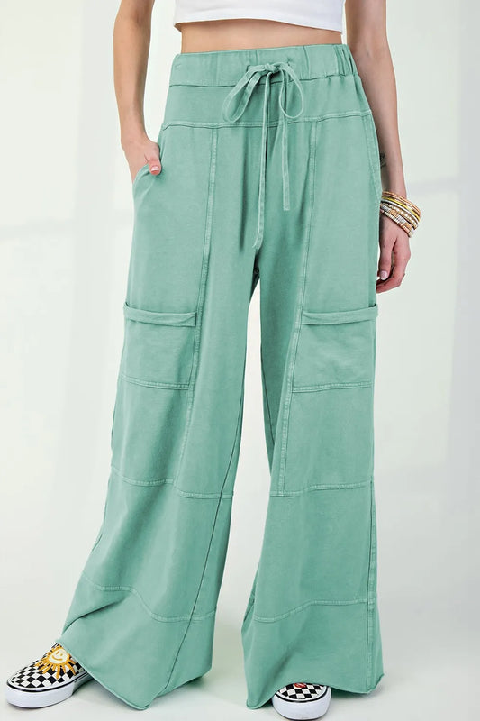 Exposed Seam High Waist Wide Leg Cargo Pants - Gum Leaf