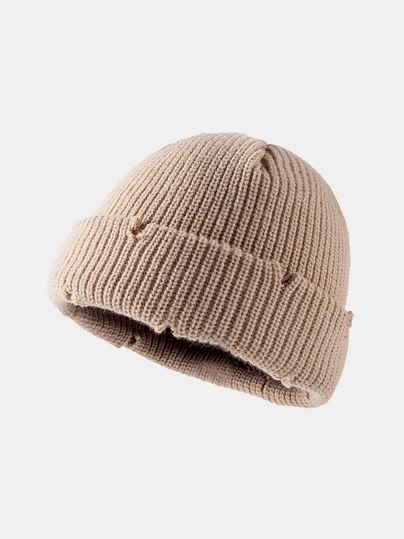 Distressed Cuffed Knit Hat - Khaki One Size