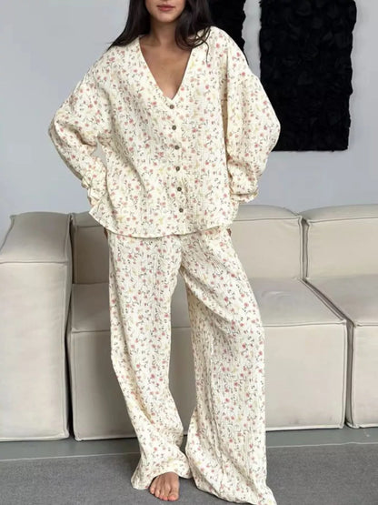 Floral Print Button-Down Top and Pants Lounge Set -