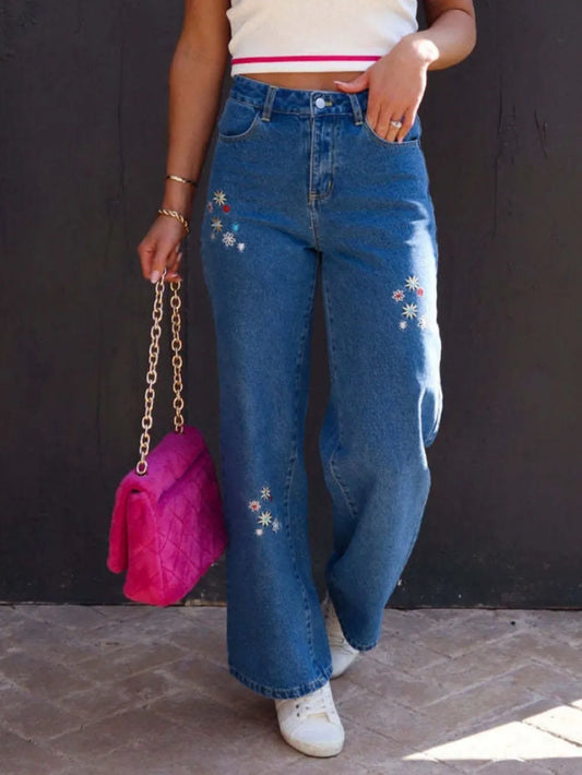 Embroidered Straight Jeans - Navy