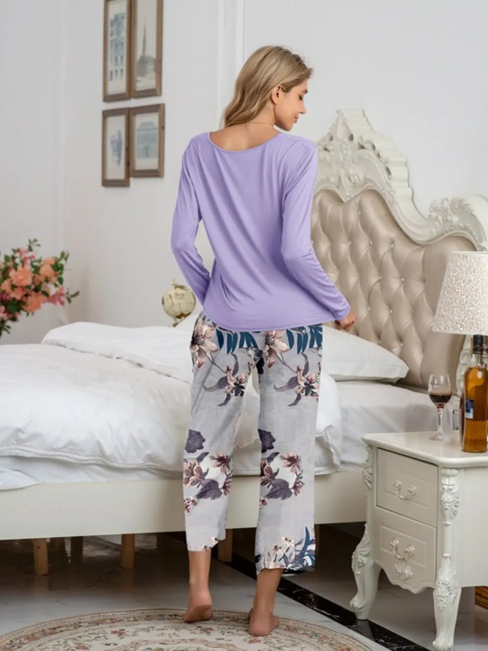 Round Neck Top and Printed Pants Lounge Set -