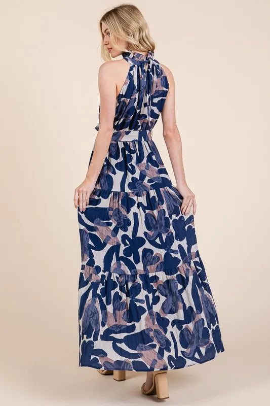 Abstract Halter Neck Tie-Waist Maxi Dress -