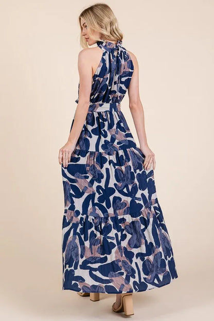 Abstract Halter Neck Tie-Waist Maxi Dress -