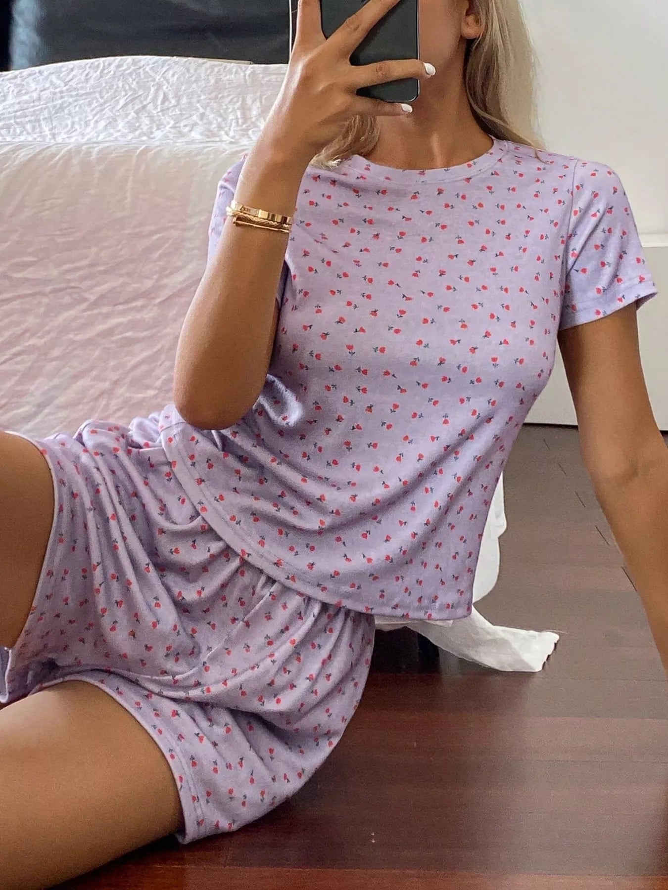 Floral Round Neck Top and Shorts Lounge Set -