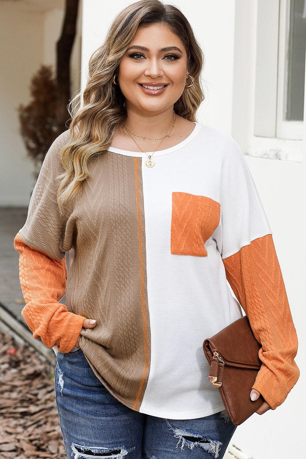 Plus Size Color Block Dropped Shoulder Blouse - Taupe