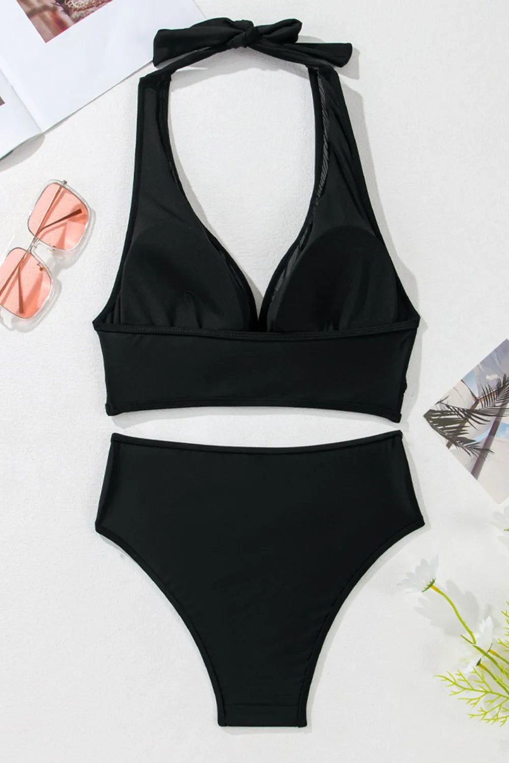 Sheer Mesh Edged Halter V-Neck Push Up Bikini Set -