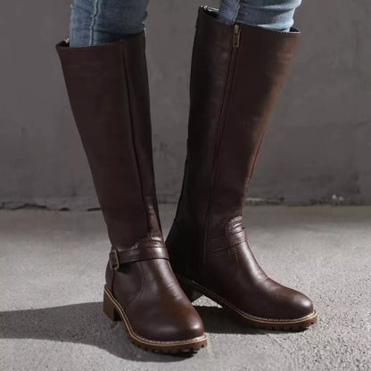 Round Toe Block Heels Boots - Dark Brown