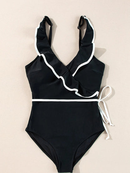 Ruffle Trim V-Neck One-Piece Swimsuit -